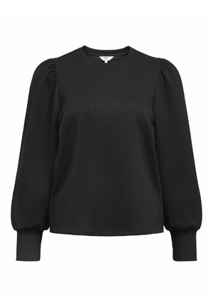 Black long-sleeve pullover top with a round neckline and puffed sleeves. Made of soft fabric with a smooth texture. Simple design.