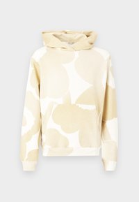 Camisola com capuz bege com grandes padrões abstratos marrons claros. Apresenta um bolso frontal e um capuz com cordão, feito de tecido macio.