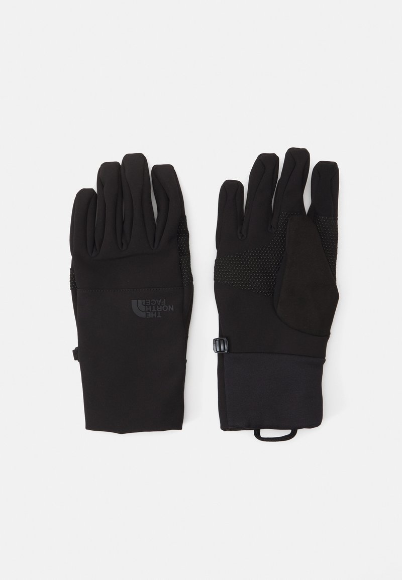 Schwarze Handschuhe aus einem glatten, dehnbaren Material verfügen über einen strukturierten Griff auf der Handfläche, verstärkte Nähte und einen Druckknopfverschluss am Handgelenk.