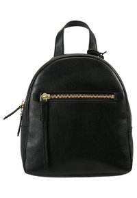 Schwarzer Leder-Rucksack mit runder Form, goldener Reißverschluss-Detail auf der Vorderseite und einem oberen Griff. Verfügt über eine seitliche Reißverschlusstasche.