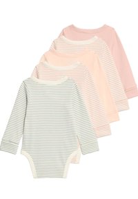 Čtyři kojenecké body s dlouhým rukávem z měkké bavlny. Dva jsou pruhované v světle zelené a bílé, a dva mají jednobarevný světle růžový odstín.