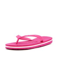 Flip-flop rosa con un design testurizzato, fasce in gomma morbida, forma curva e suola bianca e rosa a contrasto.
