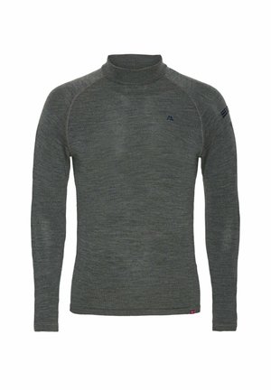 Men’s long-sleeve, dark gray knit sweater with mock neck, subtle logo on chest, and Danish flag tag on hem against white background.