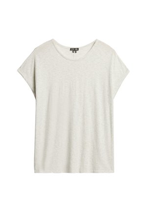 Lichtgrijze, korte mouwen t-shirt van een zachte, structuurstof. Heeft een brede, ronde halslijn en een relaxte pasvorm. Geen patronen of accenten.