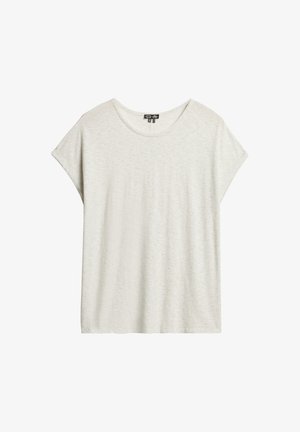T-shirt gris clair à manches courtes en tissu doux et texturé. Présente une encolure arrondie large et une coupe décontractée. Pas de motifs ni d'accents.