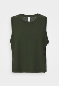 Top sem mangas verde feito de um tecido suave e elástico. Decote redondo e fendas laterais para facilitar o movimento. Design simples e minimalista.