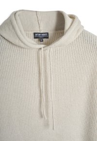 Hoodie lavorato a maglia color crema, realizzato in misto lana, con coulisse frontale, texture a coste e un'etichetta con il nome del marchio "ANTONY MORATO."