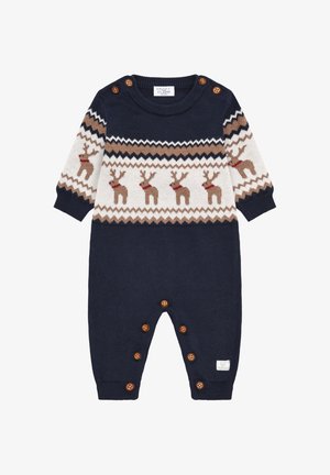 Romper lavorato a maglia blu navy con motivo di renne in beige e marrone. Presenta bottoni in legno e polsini a coste. Texture morbida, design casual.