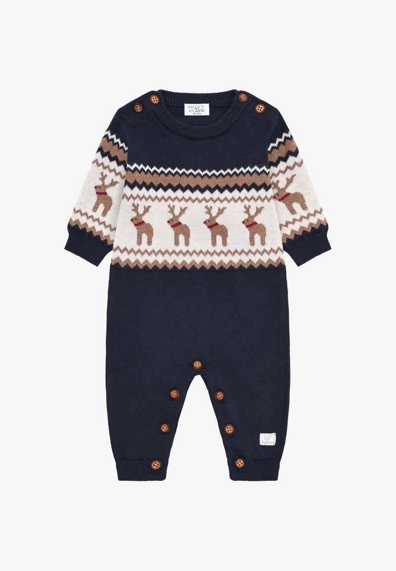 Dunkelblauer gestrickter Overall mit Rentier-Muster in Beige und Braun. Verfügt über Holzknöpfe und gerippte Bündchen. Weiche Textur, lässiges Design.