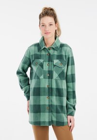 Groene geruite flanellen overhemd met een knoopsluiting aan de voorkant, twee borstzakken en een kraag. Het heeft een zachte textuur en contrasterende donkerdere groene vierkanten.
