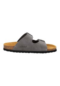 Grijze suède instapsandalen met twee verstelbare banden, kurken voetbed, rubberen zool en een gestructureerd oppervlak. Heeft het merk "palado" geperst.
