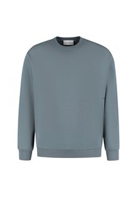 Sweat-shirt bleu clair à col ras du cou, manches longues, poignets et ourlet côtelés. Présente un logo discret sur le côté gauche. Confectionné en tissu lisse.