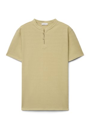 Short-sleeve beige textured shirt with a round neckline and two-button placket.