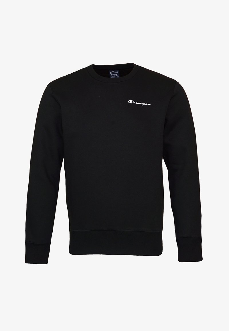 Sweat-shirt noir à manches longues Champion avec col rond et petit logo Champion blanc sur la poitrine gauche.