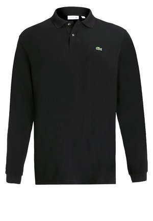 Zwarte lange mouwen polo shirt van katoen met een klassieke kraag, voorzien van twee knopen en een klein groen geborduurd logo op de borst.