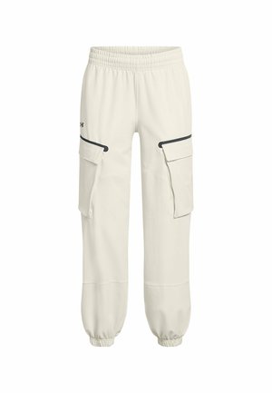 Gaišas krāsas kravas bikses ar elastīgu jostasvietu, divām sānu kabatām un elastīgiem piedurknēm, izgatavotas no mīkstas auduma ar gludu tekstūru.