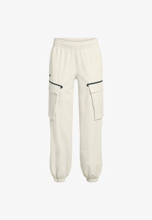 Gaišas krāsas kravas bikses ar elastīgu jostasvietu, divām sānu kabatām un elastīgiem piedurknēm, izgatavotas no mīkstas auduma ar gludu tekstūru.