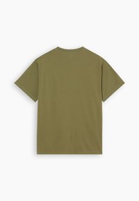 Olive green T-shirt, short sleeves, crew neck, made from cotton, smooth texture, minimalistic design, no patterns or graphics.