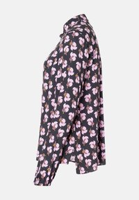 Long-sleeve black blouse with pink and orange floral pattern, button-up front, and side slits, shown from left side.