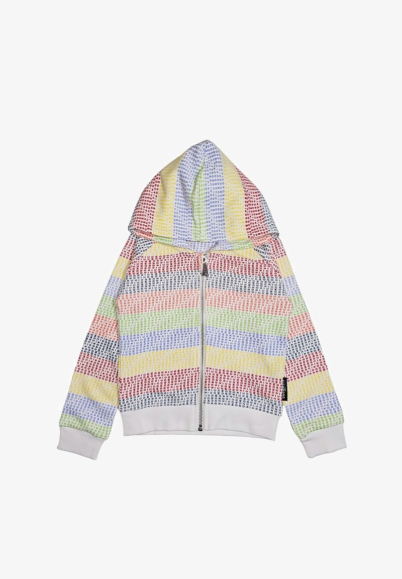 Giacca con cappuccio con cerniera e strisce orizzontali multicolori con piccoli motivi di testo ripetuti e polsini e orlo bianchi a coste.