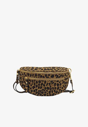 Sac en bandoulière imprimé léopard avec quincaillerie dorée, comprenant deux compartiments zippés et une bandoulière réglable. Fabriqué en tissu texturé.