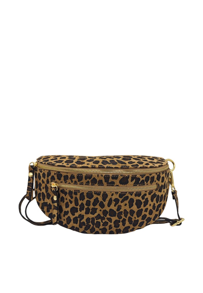 Sac en bandoulière imprimé léopard avec quincaillerie dorée, comprenant deux compartiments zippés et une bandoulière réglable. Fabriqué en tissu texturé.