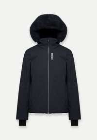 Must veekindel jakk karvase voodriga kapuutsiga, esiosa lukuga ja elastsete mansettidega. Vasakul küljel on logo, tekstiilil on tekstuuriga muster.