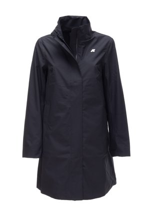 Impermeabile nero di media lunghezza con cerniera e colletto alto, maniche lunghe e piccolo logo bianco sul petto.