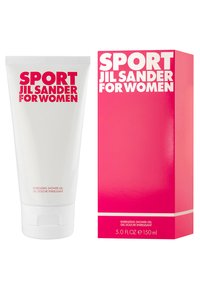 Vit tub med Jil Sander Sport duschgel med rosa text och matchande rosa låda, båda med fet stil och elegant design. 150 ml.