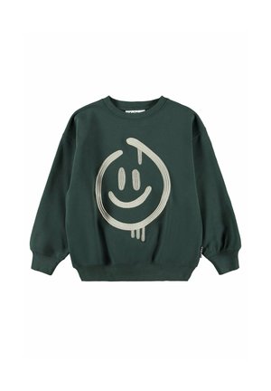 Felpa girocollo verde scuro con maniche lunghe e grande grafica beige di una faccina sorridente che gocciola sul davanti.