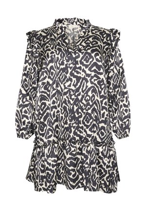 Čierne a krémové šaty s leopardím vzorom, s V-výstrihom, volánikmi na ramenách a riaseným lemom v tciach. Vyrobené z textúrovanej textílie.