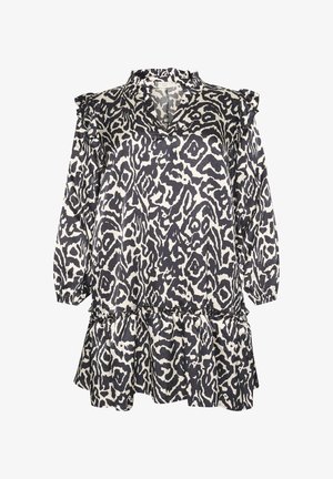 Čierne a krémové šaty s leopardím vzorom, s V-výstrihom, volánikmi na ramenách a riaseným lemom v tciach. Vyrobené z textúrovanej textílie.