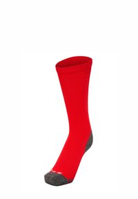 Calcetín rojo hasta la rodilla con textura acanalada, talón y punta gris acolchados, diseño sin costuras y apertura elástica para un ajuste ceñido.