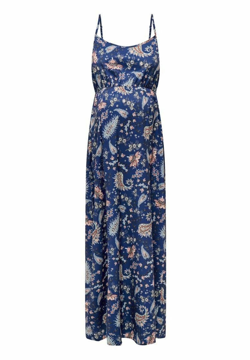 Robe maxi de maternité avec des bretelles spaghetti réglables, motif floral paisley dans des tons de rose et de bleu, fabriquée en tissu lisse et léger.