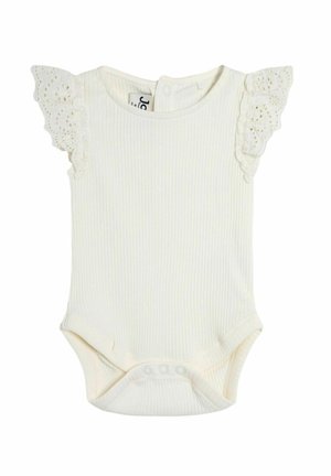 Rebrast bodysuit iz bele bombažne tkanine z rebrastim vzorcem, z čipkastim robom na ramenih in s spono na dnu za enostavno oblačenje.