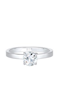 Silberring aus 925er Sterlingsilber mit einem runden, klaren Edelstein, der in einer sechsspeichigen Fassung eingesetzt ist; glatte Band mit polierter Oberfläche.