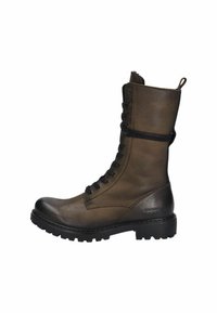 Botte en cuir marron à lacets, hauteur mi-mollet, bout rond et semelle en caoutchouc texturé. Comprend une languette et des lacets noirs.