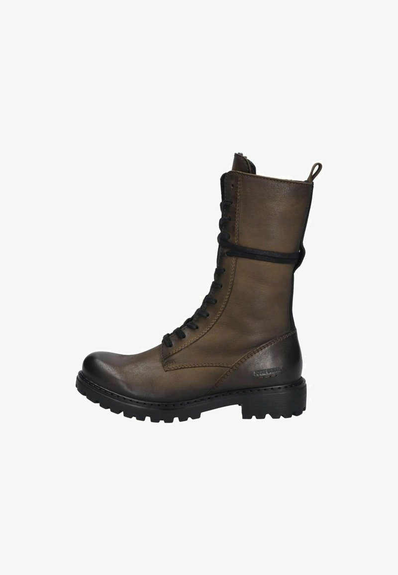 Botte en cuir marron à lacets, hauteur mi-mollet, bout rond et semelle en caoutchouc texturé. Comprend une languette et des lacets noirs.