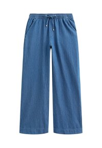 Modré denimové kalhoty s širokými nohavicemi, elastickým pasem a stahovací šňůrkou. Obsahují dvě boční kapsy a mají hladkou, měkkou texturu.