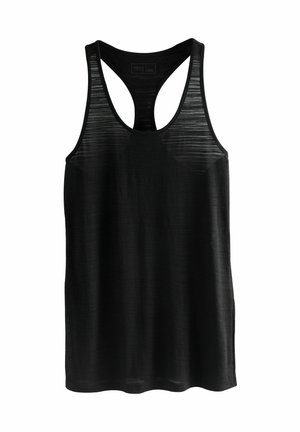 Débardeur noir en tissu léger et texturé, avec un dos nageur et un ourlet arrondi, idéal pour le sport.