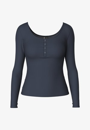 Langermet topp i mørk marine ribbet stoff, med scoophals, knappestolpe med fire metallknapper og figurnær silhuett.