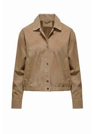 Giacca in camoscio marrone chiaro con colletto, bottoni automatici frontali, maniche lunghe, tasche laterali e orlo elasticizzato.