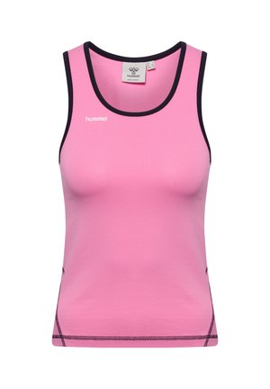 Débardeur de sport rose sans manches avec bordure noire, coutures visibles à l'ourlet et petit logo blanc hummel sur la poitrine.