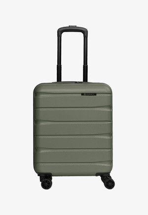 Valise compacte à coque rigide couleur vert olive avec surface texturée, quatre roulettes noires pivots, et une poignée télescopique noire étendue.