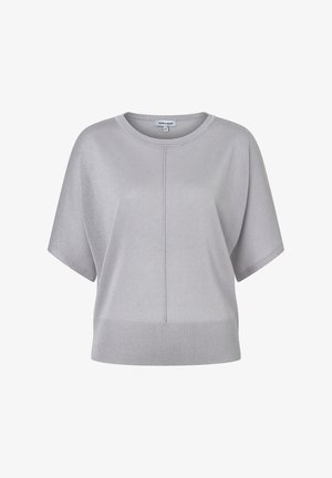 Hellgrauer kurzärmeliger Strickpullover mit Rundhalsausschnitt, mittiger Naht und breitem geripptem Saum an der Taille.