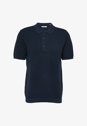 Marineblauw poloshirt met korte mouwen, gemaakt van textuurstof, geribbelde manchetten, een drieknops placket en een klassieke kraag.