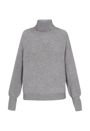 Pelēks adīts turtleneck džemperis ar garām piedurknēm un ribotām piedurknēm, apakšmalu un kaklu, attēlots uz baltas fona.