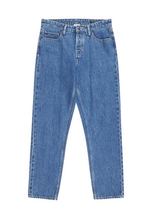 Blaue Denim-Jeans im schmal geschnittenen Design mit einem Fünf-Taschen-Stil, Knopf und Reißverschluss. Der Stoff hat eine klassische, ausgewaschene Textur.