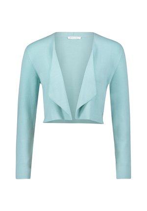 Light blue cropped cardigan with long sleeves, open front, and a soft knit texture. Notable draped collar detail enhances its design.