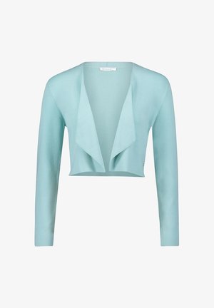 Hellblaues, kurz geschnittenes Strickjacke mit langen Ärmeln, offenem Vorderteil und einer weichen Stricktextur. Auffälliges, drapiertes Kragen-Detail hebt das Design hervor.
